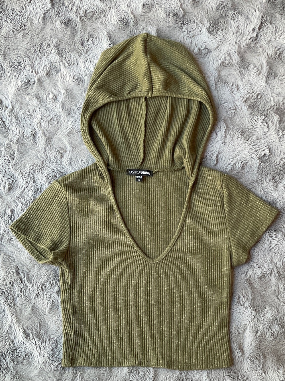 Fashion Nova Olive Green Ribbed Hooded Crop Top